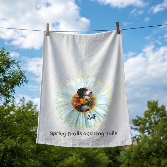 Personalized Tea Towel: Spring Trails and Dog Tails with Your Dog's Photo & Name_Doggo Mojo_Kitchen Towels_1