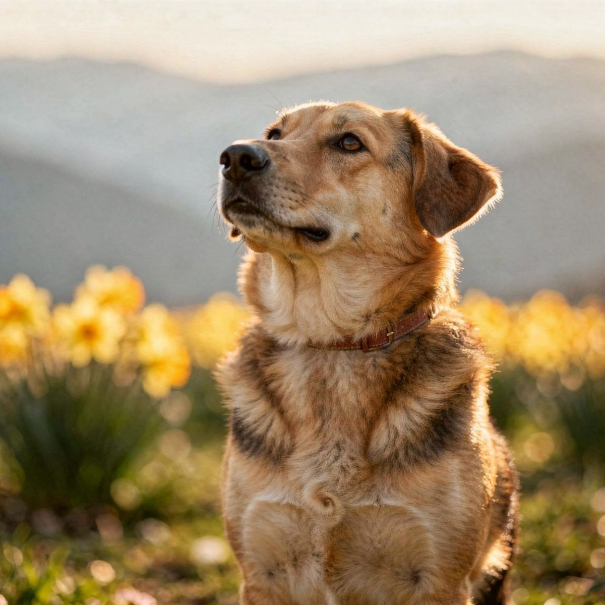 Dog sitting in a field with yellow flowers and mountains in the background