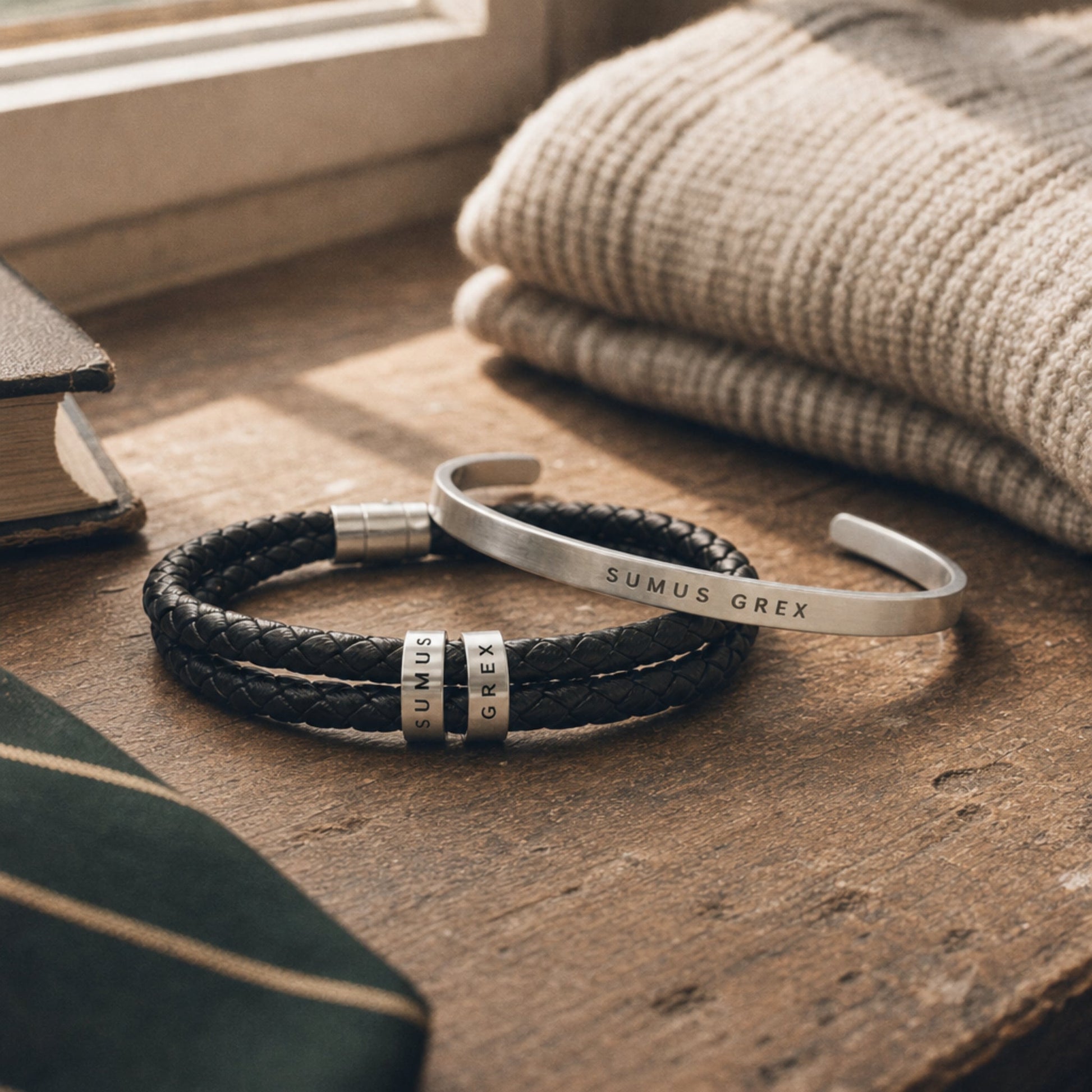 "Sumus Grex" Men's Leather Beaded Bracelet and Women's Silver Cuff- Doggo Mojo